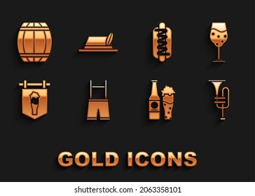 Set Lederhosen, Glass of beer, Musical instrument trumpet, Beer bottle and glass, Street signboard with, Hotdog sandwich mustard, Wooden barrel and Oktoberfest hat icon. Vector