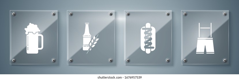 Set Lederhosen, Hotdog sandwich with mustard, Beer bottle and Glass of beer. Square glass panels. Vector