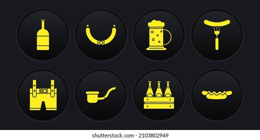 Set Lederhosen, Sausage on the fork, Smoking pipe, Pack of beer bottles, Wooden mug, Hotdog sandwich and Beer icon. Vector