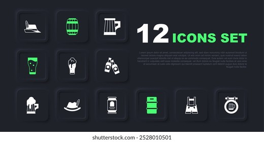 Set Lederhosen, Street signboard with beer, Glass of, Metal keg, Oktoberfest hat, Wooden barrel and Beer can icon. Vector