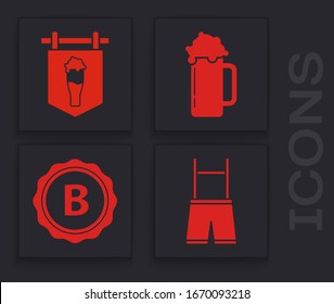 Set Lederhosen, Street signboard with glass of beer, Glass of beer and Bottle cap with inscription beer icon. Vector