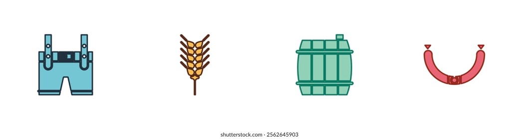 Set Lederhosen, Wheat, Wooden barrel and Sausage icon. Vector