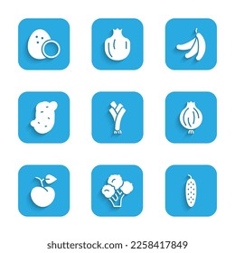Set Leek, Broccoli, Cucumber, Garlic, Peach fruit or nectarine, Potato, Banana and Coconut icon. Vector
