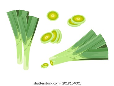 Set of leeks on a white background. Whole and chopped vegetable.