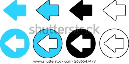 Set of left arrow icons in black and blue, perfect for navigation buttons, forward direction, website interfaces, app UI, and presentation designs.