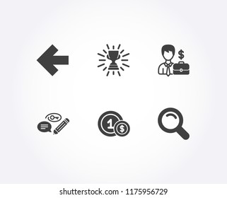 Set of Left arrow, Keywords and Trophy icons. Usd coins, Businessman case and Search signs. Direction arrow, Pencil with key, Winner cup. Cash payment, Human resources, Magnifying glass. Vector