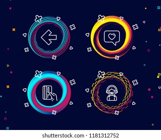 Set of Left arrow, Love message and Payment card icons. Support sign. Direction arrow, Dating service, Credit card. Call center.  Circle banners with line icons. Gradient colors shapes. Vector