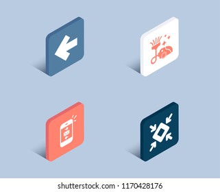 Set of Left arrow, Vacuum cleaner and Mail icons. Minimize sign. Direction arrow, Vacuum-clean, Smartphone communication. Small screen.  3d isometric buttons. Flat design concept. Vector