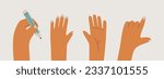Set of left hands with various gestures. The hand holds a pencil, pointing gesture, hand with the back side and the outside. Vector flat isolated illustration for design.