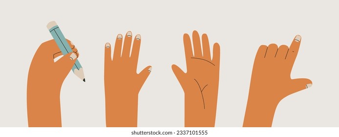 Conjunto de manos izquierdas con varios gestos. La mano sujeta un lápiz, señalando el gesto, con la mano hacia atrás y hacia afuera. Ilustración aislada vectorial para el diseño.