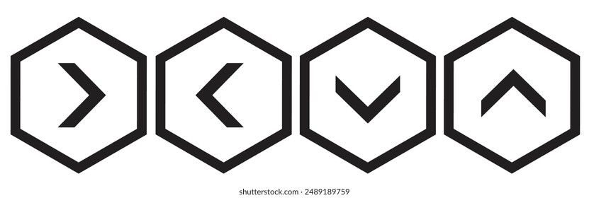 Set, left right up down arrow button, black arrow with in hexagon frame and black border with white background.