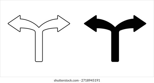 Set of left and right turn arrows, outline and solid direction icons, isolated on transparent background