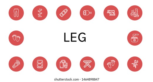 Set of leg icons such as Leggings, Coat stand, Spinal board, Ham, Steak, Foot, Reflexology, Chicken breast, Pedal, Stool, Footprint, Ballet, Feet, Wax , leg