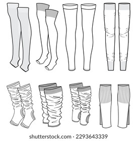 Set Leg warmers Socks   footless stockings flat sketch fashion illustration template mock up  Legwarmers socks cad drawing for unisex men's   women's  Ankle warmers   slouchy socks drawing