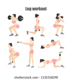 Set of leg workout. Woman doing exercises with dumbbells: donkey kicks, lunges and others. Healthy lifestyle. Isolated vector illustration