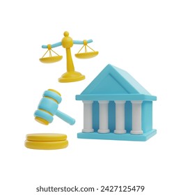 Set of legal 3D icons: judge's gavel, courthouse and scales as a symbol of justice. Ideal for legal services and justice topics. Design template on isolated background.