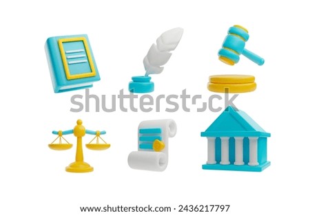 Set of legal concept elements in 3D style. Collection of vector icons includes: scales, gavel, courthouse, pen, paper and book. Legal services and justice concept on isolated background.