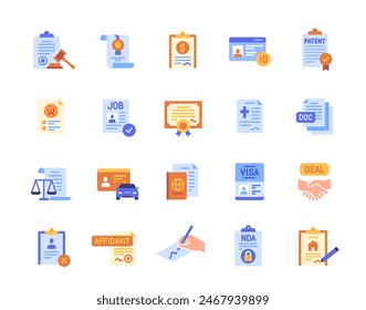 Conjunto de iconos coloridos del documento legal. Firma luminosa con contrato, DNI, patente, pasaporte y Licencia. Elementos de diseño para App y Sitio web. Colección de Vector plana de dibujos animados aislada sobre fondo blanco