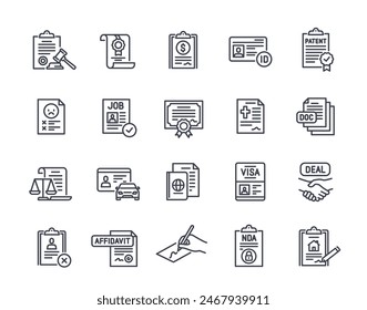 Conjunto de iconos de línea de documento legal. Símbolos simples con pasaporte, currículum, Licencia de conductor, visa, contrato y certificado. Trazo editable. Colección de Vector plano de contorno aislado sobre fondo blanco