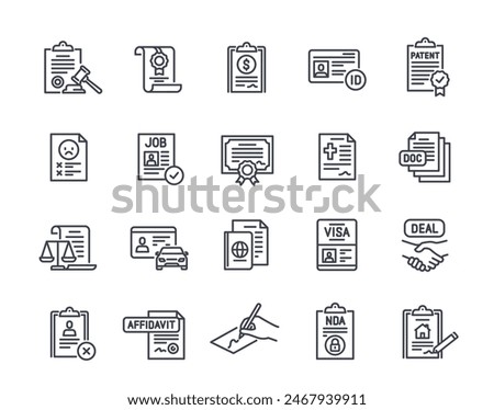 Set of Legal document line icons. Simple symbols with passport, resume, driver license, visa, contract and certificate. Editable stroke. Outline flat vector collection isolated on white background