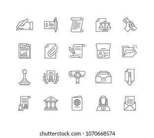 Set of Legal Document outline icons isolated on white background.