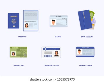 Set of Legal Documents.  ID cards, passport, student pass, migration certificate, legal contract illustration. 