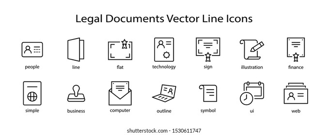 Set of Legal Documents Related Vector Line Icons. Contains such Icon as Visa, Contract, Declaration, License, Permission, Grant and more. Editable Stroke. 32x32 Pixel Perfect