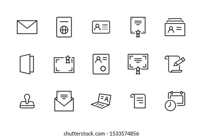 Set of Legal Documents Related Vector Line Icons. Contains such Icon as Visa, Contract, Declaration, License, Permission, Grant and more. Editable Stroke. 32x32 Pixel Perfect