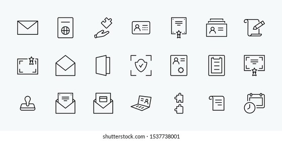Set of Legal Documents Related Vector Line Icons. Contains such Icon as Visa, Contract, Declaration, License, Permission, Grant and more. Editable Stroke. 32x32 Pixel Perfect