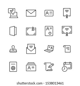 Set of Legal Documents Related Vector Line Icons. Contains such Icon as Visa, Contract, Declaration, License, Permission, Grant and more. Editable Stroke. 32x32 Pixel Perfect