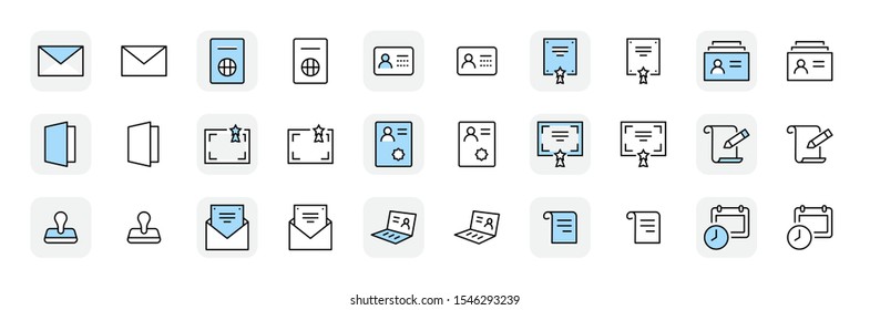 Set of Legal Documents Related Vector Line Icons. Contains such Icon as Visa, Contract, Declaration, License, Permission, Grant and more. Editable Stroke. 32x32 Pixel Perfect