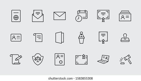 Set of Legal Documents Related Vector Line Icons. Contains such Icon as Visa, Contract, Declaration, License, Permission, Grant and more. Editable Stroke. 32x32 Pixel Perfect