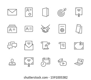 Set of Legal Documents Related Vector Line Icons. Contains such Icon as Visa, Contract, Declaration, License, Permission, Grant and more. Editable Stroke. 32x32 Pixel Perfect