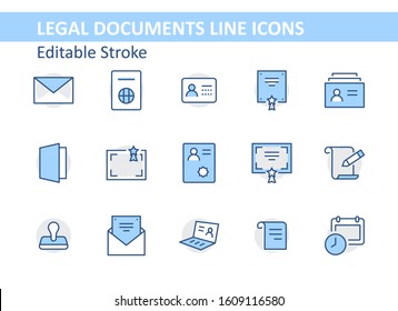 Set of Legal Documents Related Vector Line Icons. Contains such Icon as Visa, Contract, Declaration, License, Permission, Grant and more. Editable Stroke. 32x32 Pixel Perfect