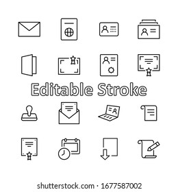 Set of Legal Documents Related Vector Line Icons. Contains such Icon as Visa, Contract, Declaration, License, Permission, Grant and more. Editable Stroke. 32x32 Pixels