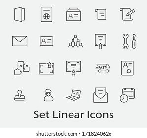 Conjunto de documentos legales relacionados con los iconos de línea de vectores. Contiene iconos como Visa, Contrato, Declaración, Licencia, Permiso, Concesión y más. Trazo editable. 32 x 32 píxeles
