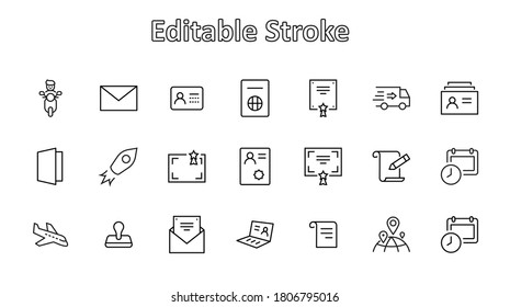 Conjunto de documentos legales relacionados con los iconos de línea de vectores. Contiene iconos como Visa, Contrato, Declaración, Licencia, Permiso, Subvención y más. Stroke editable. 32x32 píxeles