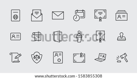 Set of Legal Documents Related Vector Line Icons. Contains such Icon as Visa, Contract, Declaration, License, Permission, Grant and more. Editable Stroke. 32x32 Pixel Perfect