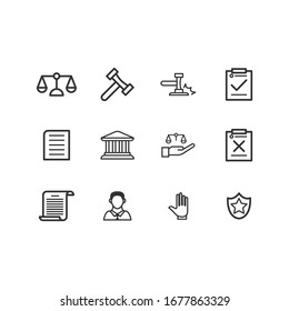 set of legal icons or law and lawyer. contains a judge's hammer icon, memorandum, justice, will, protection,document, business, etc.