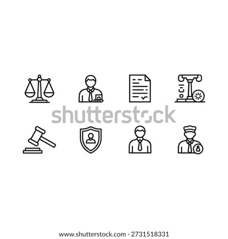 Set of legal and security icons including scales and gavel