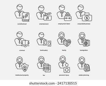set of legal service outline icon .type of lawyer profession icon symbol