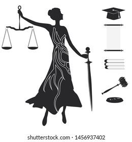 Set of legal symbols - Themis elegant - Scales of Justice, scroll, judge's hammer academic hat - isolated on white background - vector.