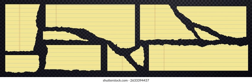 Set of legal yellow torn paper on transparent background. Ripped legal yellow paper different parts. Lined yellow torn paper. Legal yellow paper scraps