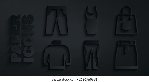 Set Leggings, Handbag, Sweater, Skirt, Woman dress and Pants icon. Vector