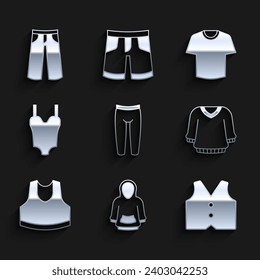 Set Leggings, Hoodie, Waistcoat, Sweater, Undershirt, Swimsuit, T-shirt and Pants icon. Vector