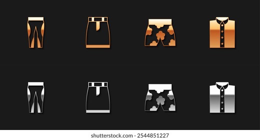 Set Leggings, Skirt, Swimming trunks and Shirt icon. Vector