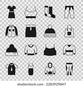 Set Leggings, Sweater, Handbag, Socks, Skirt, Shirt, Woman dress and Beanie hat icon. Vector