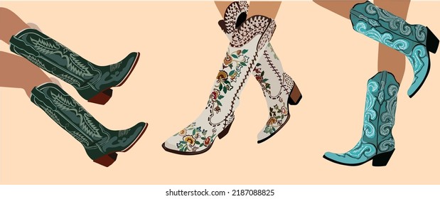 Juego de piernas en botas de vaquero. Chica de vaca lleva botas. Tema occidental del vaquero, oeste silvestre, texas. Varias botas de vaquera. Ilustración vectorial de moda de color dibujada a mano. Todos los elementos están aislados.