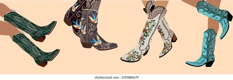 Juego de piernas en botas de vaquero. Chica de vaca lleva botas. Tema occidental del vaquero, oeste silvestre, texas. Varias botas de vaquera. Ilustración vectorial de moda de color dibujada a mano. Todos los elementos están aislados.