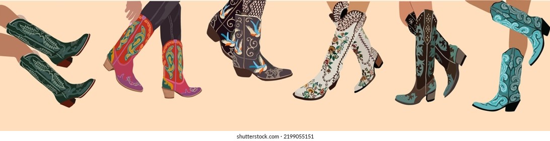 Reihe von Beinen in Cowboystiefeln. Cowboy-Mädchen trägt Stiefel. Cowboy Western Thema, wilder Westen, Texas. Verschiedene Cowgirl-Stiefel. Handgezeichnete, farbige, trendige Vektorgrafik. Alle Elemente sind isoliert.